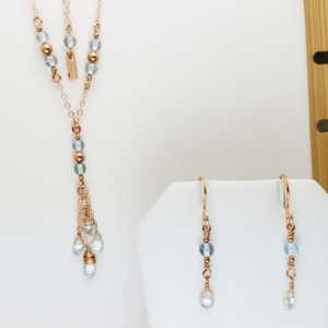 Blue Topaz Chain Dangle Earrings & Pendant Set in 14K/20 Rose Gold