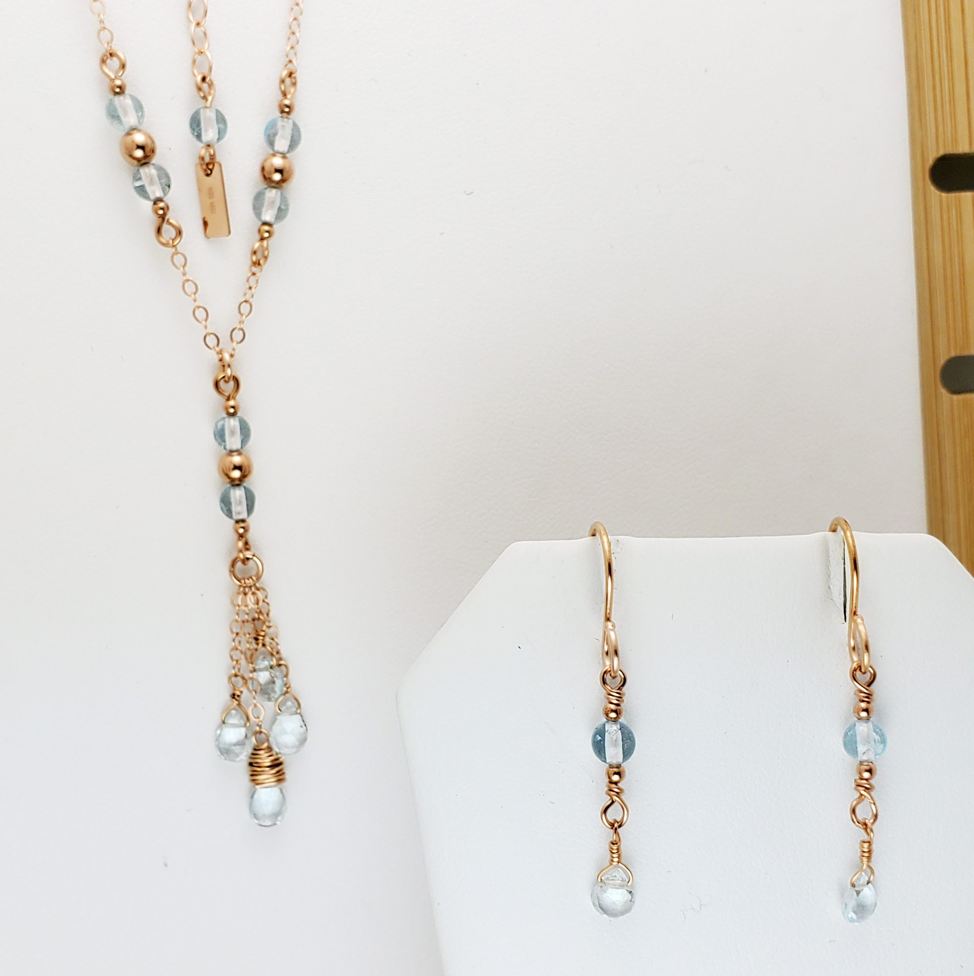 Blue Topaz Chain Dangle Earrings & Pendant Set in 14K/20 Rose Gold