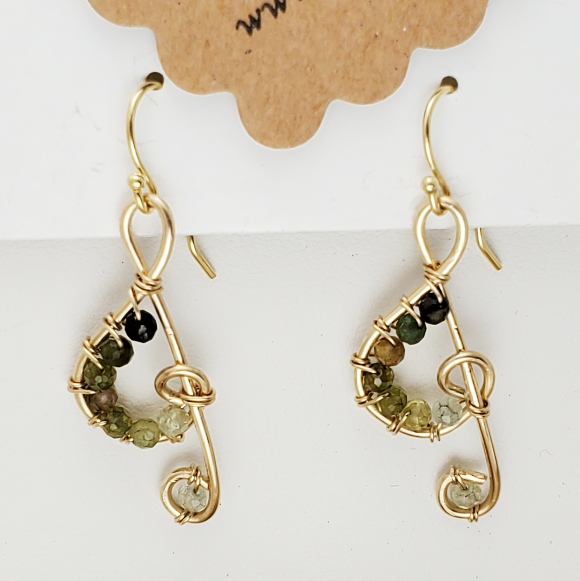 Green Tourmaline Ombre Treble Clef in 14K/20 Gold Earrings Small Gauge